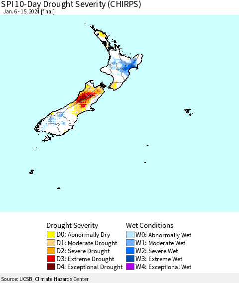 New Zealand SPI 10-Day Drought Severity (CHIRPS) Thematic Map For 1/6/2024 - 1/15/2024