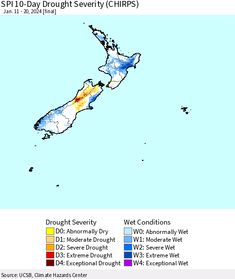 New Zealand SPI 10-Day Drought Severity (CHIRPS) Thematic Map For 1/11/2024 - 1/20/2024