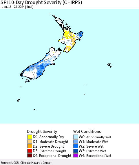 New Zealand SPI 10-Day Drought Severity (CHIRPS) Thematic Map For 1/16/2024 - 1/25/2024