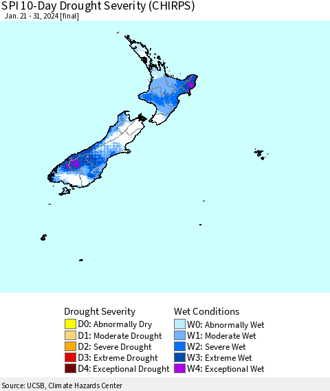 New Zealand SPI 10-Day Drought Severity (CHIRPS) Thematic Map For 1/21/2024 - 1/31/2024