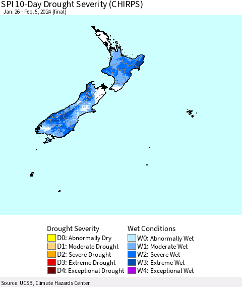 New Zealand SPI 10-Day Drought Severity (CHIRPS) Thematic Map For 1/26/2024 - 2/5/2024