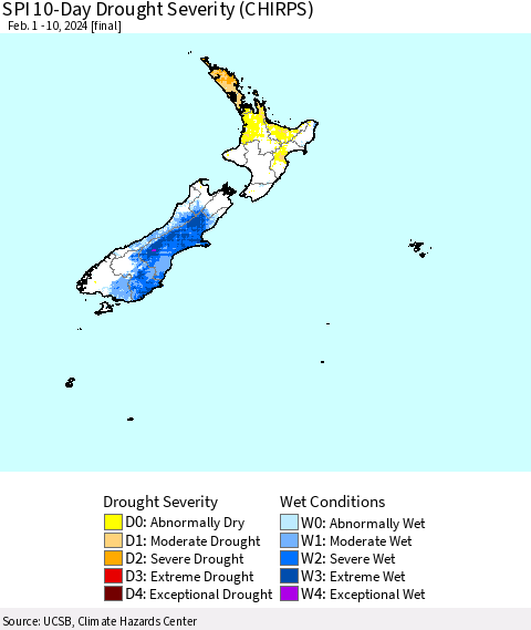 New Zealand SPI 10-Day Drought Severity (CHIRPS) Thematic Map For 2/1/2024 - 2/10/2024