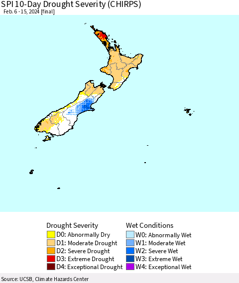 New Zealand SPI 10-Day Drought Severity (CHIRPS) Thematic Map For 2/6/2024 - 2/15/2024
