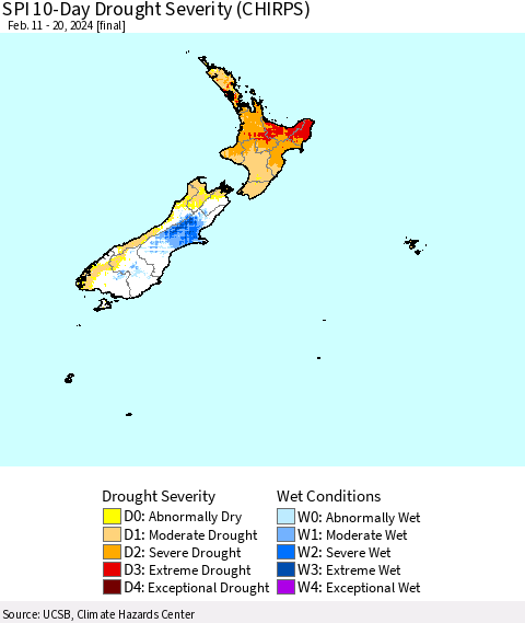 New Zealand SPI 10-Day Drought Severity (CHIRPS) Thematic Map For 2/11/2024 - 2/20/2024