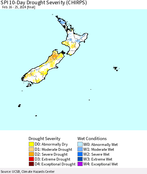 New Zealand SPI 10-Day Drought Severity (CHIRPS) Thematic Map For 2/16/2024 - 2/25/2024