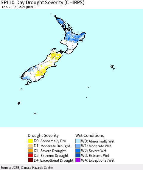 New Zealand SPI 10-Day Drought Severity (CHIRPS) Thematic Map For 2/21/2024 - 2/29/2024