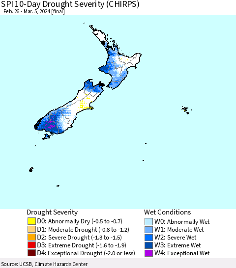 New Zealand SPI 10-Day Drought Severity (CHIRPS) Thematic Map For 2/26/2024 - 3/5/2024