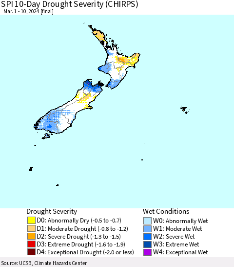 New Zealand SPI 10-Day Drought Severity (CHIRPS) Thematic Map For 3/1/2024 - 3/10/2024