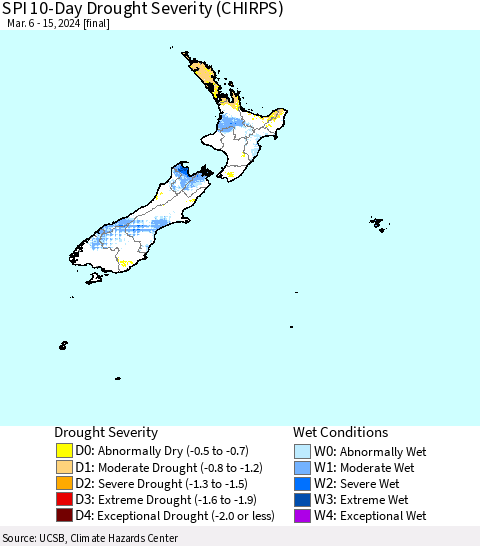 New Zealand SPI 10-Day Drought Severity (CHIRPS) Thematic Map For 3/6/2024 - 3/15/2024