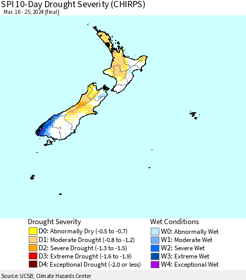 New Zealand SPI 10-Day Drought Severity (CHIRPS) Thematic Map For 3/16/2024 - 3/25/2024