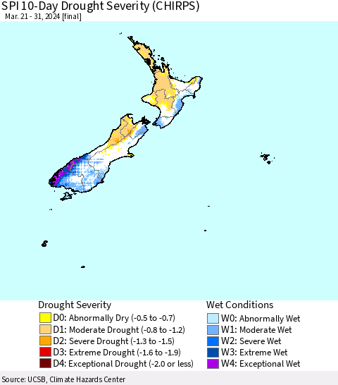 New Zealand SPI 10-Day Drought Severity (CHIRPS) Thematic Map For 3/21/2024 - 3/31/2024
