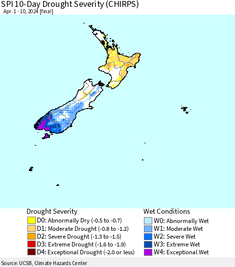 New Zealand SPI 10-Day Drought Severity (CHIRPS) Thematic Map For 4/1/2024 - 4/10/2024