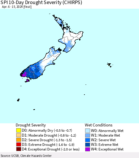 New Zealand SPI 10-Day Drought Severity (CHIRPS) Thematic Map For 4/6/2024 - 4/15/2024