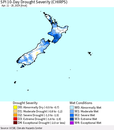 New Zealand SPI 10-Day Drought Severity (CHIRPS) Thematic Map For 4/11/2024 - 4/20/2024