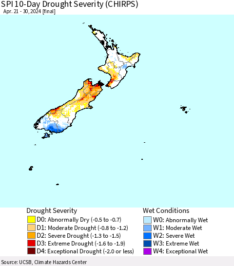 New Zealand SPI 10-Day Drought Severity (CHIRPS) Thematic Map For 4/21/2024 - 4/30/2024