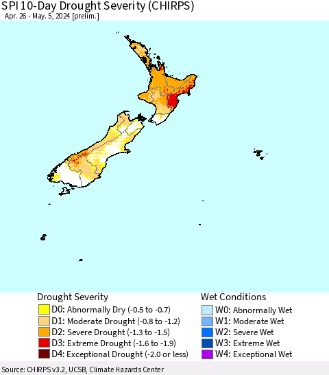New Zealand SPI 10-Day Drought Severity (CHIRPS) Thematic Map For 4/26/2024 - 5/5/2024