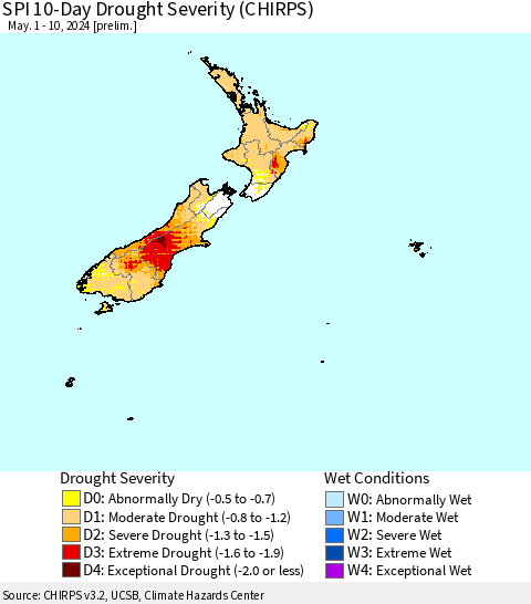 New Zealand SPI 10-Day Drought Severity (CHIRPS) Thematic Map For 5/1/2024 - 5/10/2024