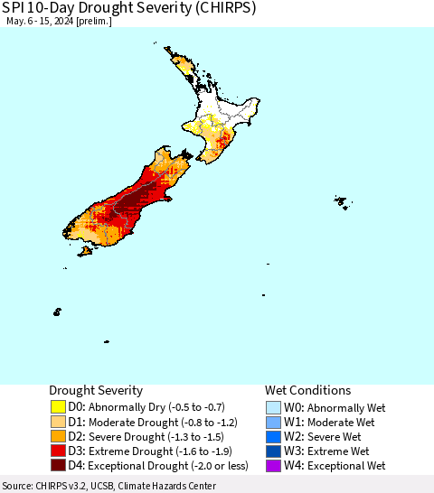 New Zealand SPI 10-Day Drought Severity (CHIRPS) Thematic Map For 5/6/2024 - 5/15/2024