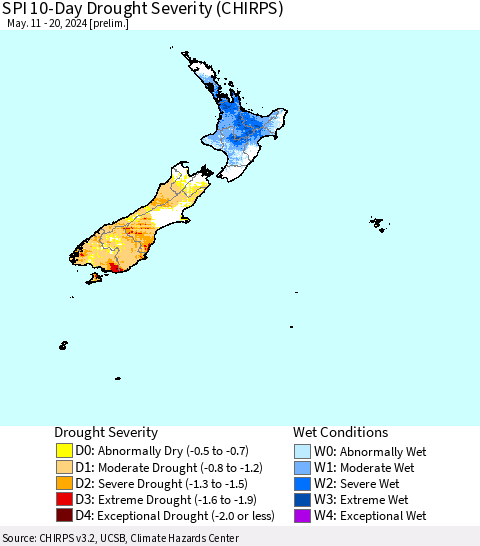 New Zealand SPI 10-Day Drought Severity (CHIRPS) Thematic Map For 5/11/2024 - 5/20/2024