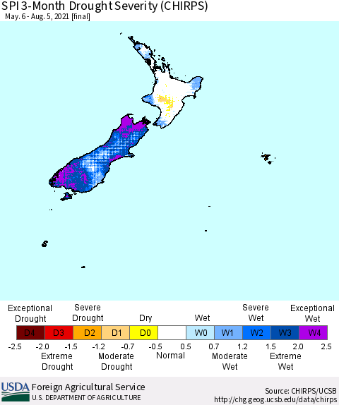 New Zealand SPI 3-Month Drought Severity (CHIRPS) Thematic Map For 5/6/2021 - 8/5/2021