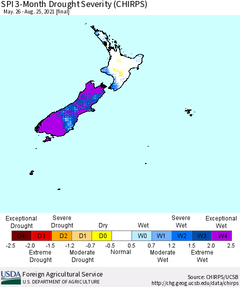 New Zealand SPI 3-Month Drought Severity (CHIRPS) Thematic Map For 5/26/2021 - 8/25/2021