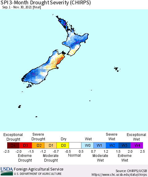 New Zealand SPI 3-Month Drought Severity (CHIRPS) Thematic Map For 9/1/2021 - 11/30/2021