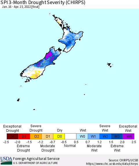 New Zealand SPI 3-Month Drought Severity (CHIRPS) Thematic Map For 1/16/2022 - 4/15/2022