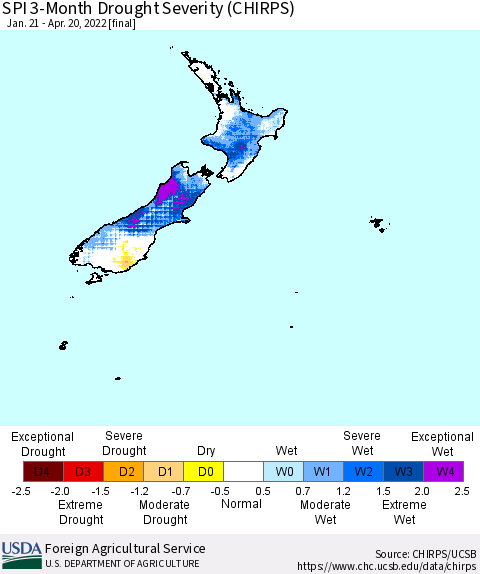 New Zealand SPI 3-Month Drought Severity (CHIRPS) Thematic Map For 1/21/2022 - 4/20/2022