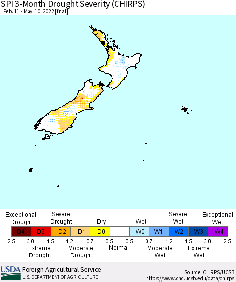 New Zealand SPI 3-Month Drought Severity (CHIRPS) Thematic Map For 2/11/2022 - 5/10/2022