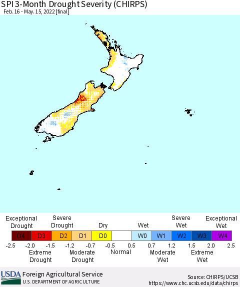New Zealand SPI 3-Month Drought Severity (CHIRPS) Thematic Map For 2/16/2022 - 5/15/2022