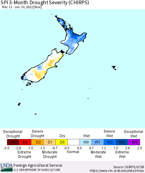 New Zealand SPI 3-Month Drought Severity (CHIRPS) Thematic Map For 3/11/2022 - 6/10/2022