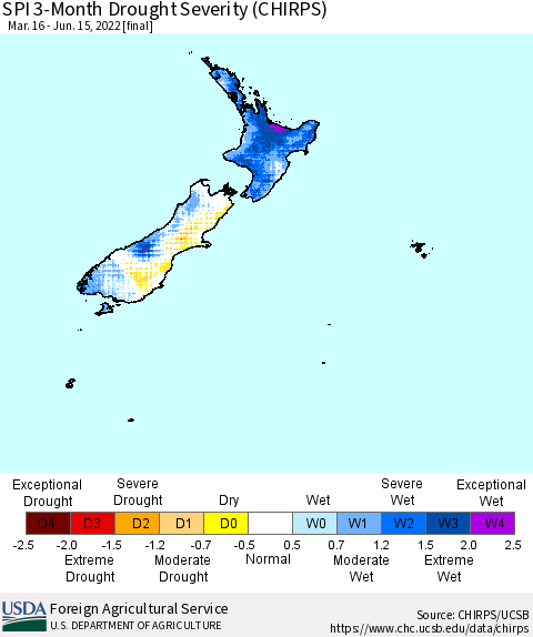 New Zealand SPI 3-Month Drought Severity (CHIRPS) Thematic Map For 3/16/2022 - 6/15/2022