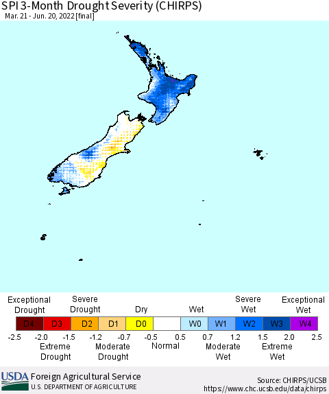 New Zealand SPI 3-Month Drought Severity (CHIRPS) Thematic Map For 3/21/2022 - 6/20/2022