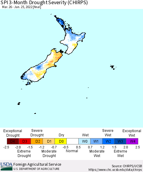 New Zealand SPI 3-Month Drought Severity (CHIRPS) Thematic Map For 3/26/2022 - 6/25/2022