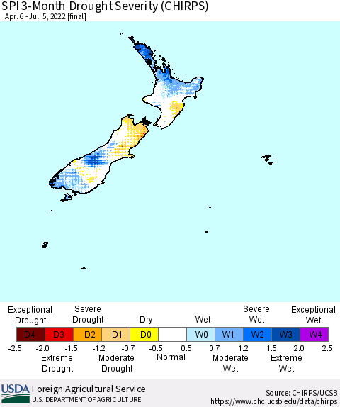 New Zealand SPI 3-Month Drought Severity (CHIRPS) Thematic Map For 4/6/2022 - 7/5/2022