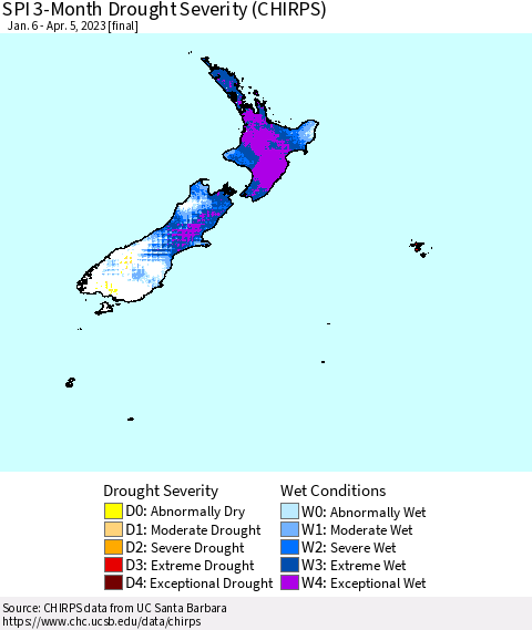 New Zealand SPI 3-Month Drought Severity (CHIRPS) Thematic Map For 1/6/2023 - 4/5/2023
