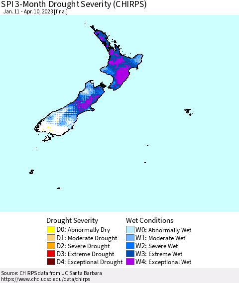 New Zealand SPI 3-Month Drought Severity (CHIRPS) Thematic Map For 1/11/2023 - 4/10/2023