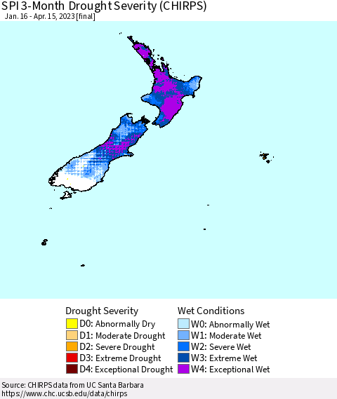 New Zealand SPI 3-Month Drought Severity (CHIRPS) Thematic Map For 1/16/2023 - 4/15/2023