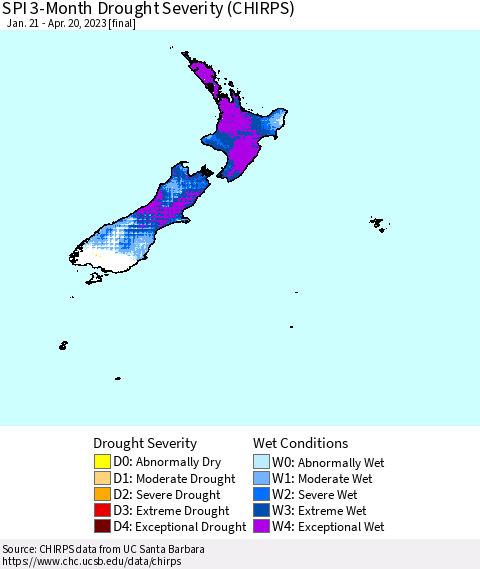 New Zealand SPI 3-Month Drought Severity (CHIRPS) Thematic Map For 1/21/2023 - 4/20/2023