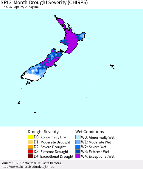 New Zealand SPI 3-Month Drought Severity (CHIRPS) Thematic Map For 1/26/2023 - 4/25/2023