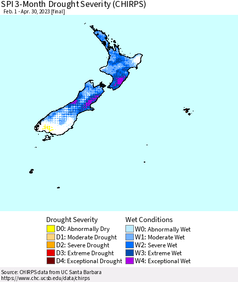New Zealand SPI 3-Month Drought Severity (CHIRPS) Thematic Map For 2/1/2023 - 4/30/2023