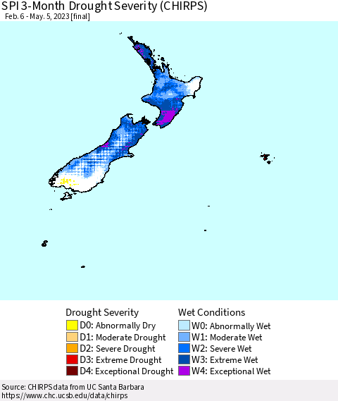 New Zealand SPI 3-Month Drought Severity (CHIRPS) Thematic Map For 2/6/2023 - 5/5/2023