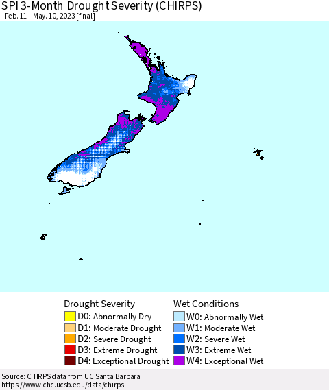 New Zealand SPI 3-Month Drought Severity (CHIRPS) Thematic Map For 2/11/2023 - 5/10/2023