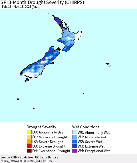 New Zealand SPI 3-Month Drought Severity (CHIRPS) Thematic Map For 2/16/2023 - 5/15/2023