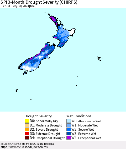 New Zealand SPI 3-Month Drought Severity (CHIRPS) Thematic Map For 2/21/2023 - 5/20/2023