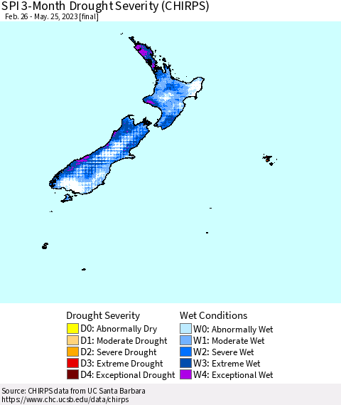 New Zealand SPI 3-Month Drought Severity (CHIRPS) Thematic Map For 2/26/2023 - 5/25/2023