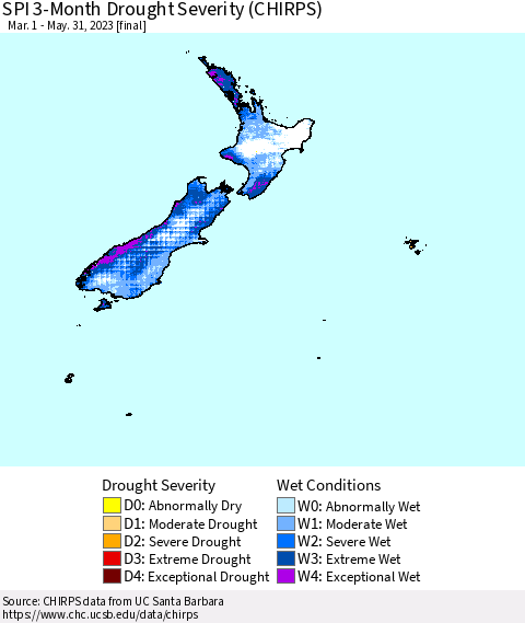 New Zealand SPI 3-Month Drought Severity (CHIRPS) Thematic Map For 3/1/2023 - 5/31/2023