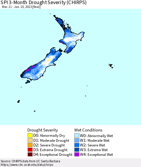New Zealand SPI 3-Month Drought Severity (CHIRPS) Thematic Map For 3/11/2023 - 6/10/2023