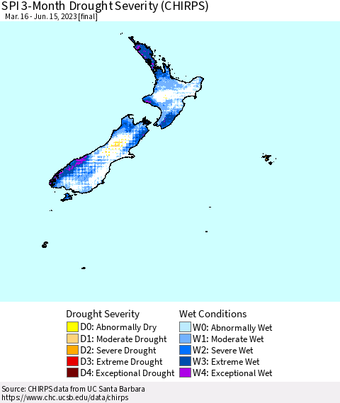 New Zealand SPI 3-Month Drought Severity (CHIRPS) Thematic Map For 3/16/2023 - 6/15/2023