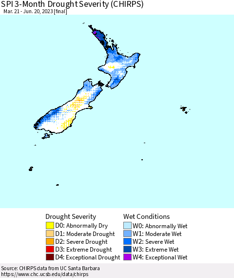 New Zealand SPI 3-Month Drought Severity (CHIRPS) Thematic Map For 3/21/2023 - 6/20/2023